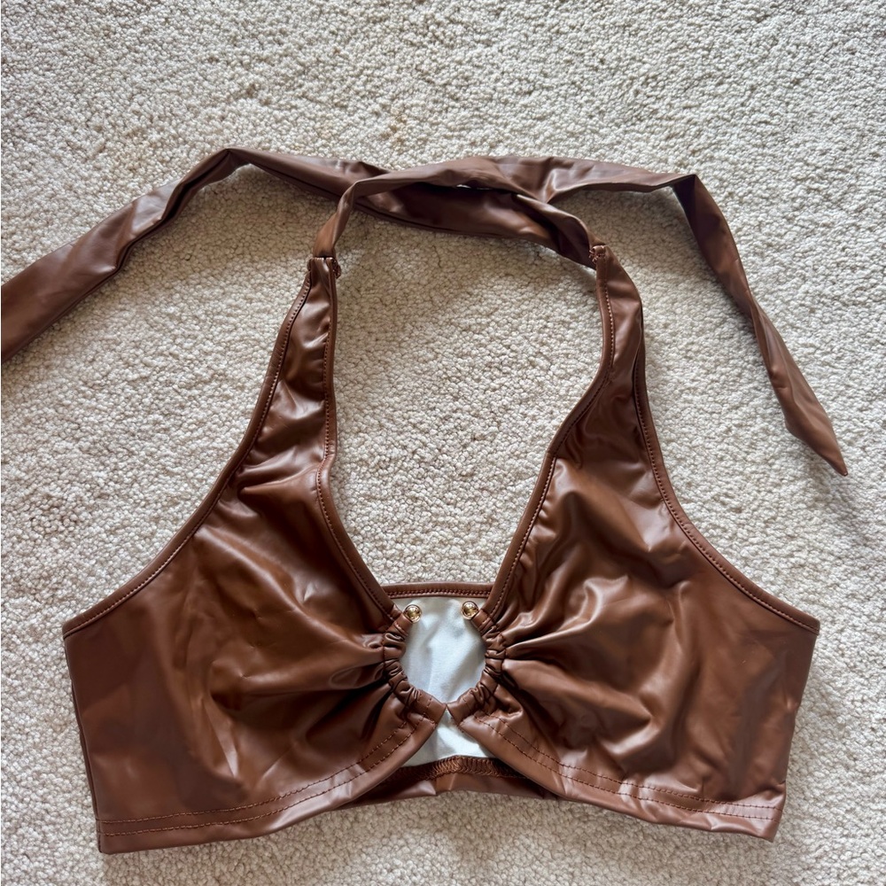 Brown Halter Crop Top with Gold Ring